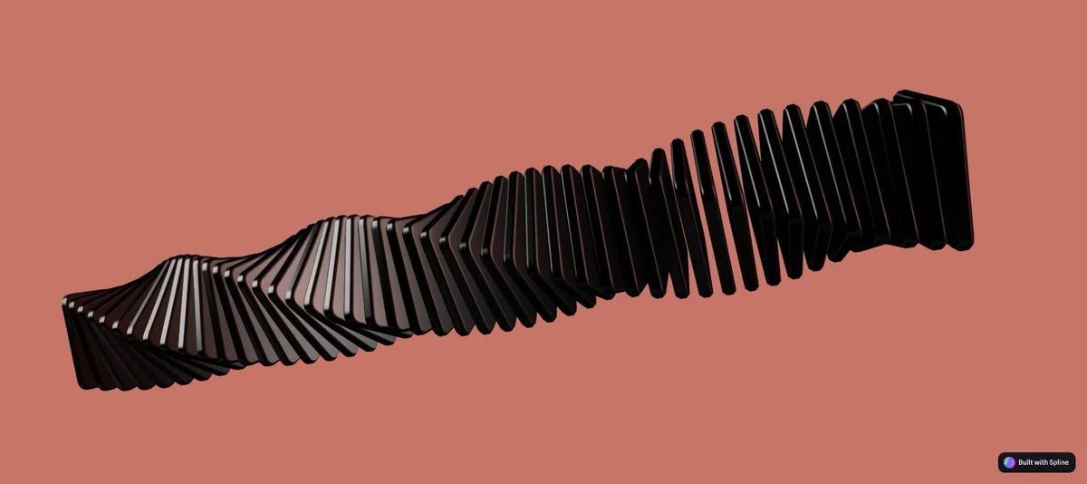 Vista da cena Twist do Spline: uma forma escura retorcida sobre um fundo terracota.