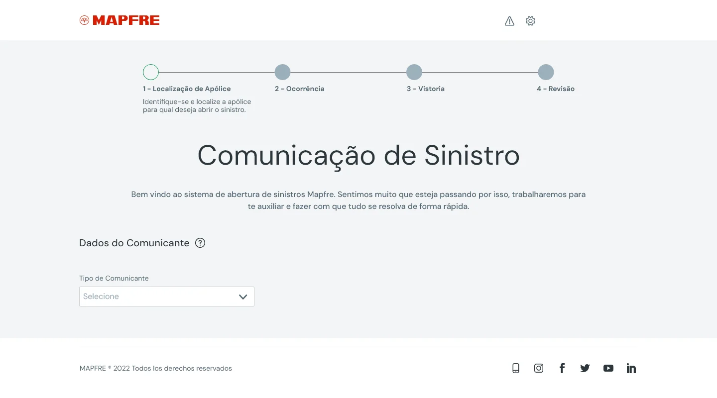 Começar com orientação. O primeiro contato explica a tarefa, apresenta as etapas e pede o tipo de comunicante antes de avançar.