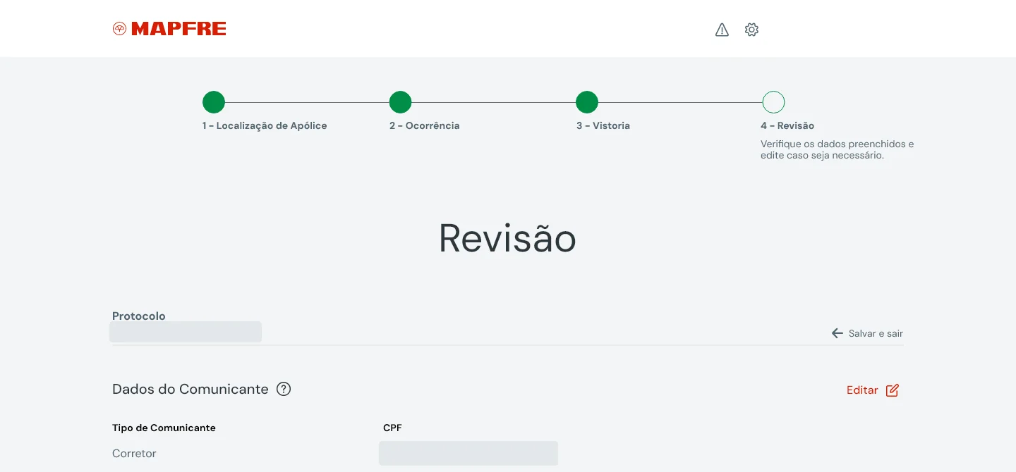 Conferir e corrigir antes de confirmar. Recorte do primeiro bloco da revisão original. A estrutura reúne as informações por seção e oferece edição contextual; dados pessoais foram ocultados.