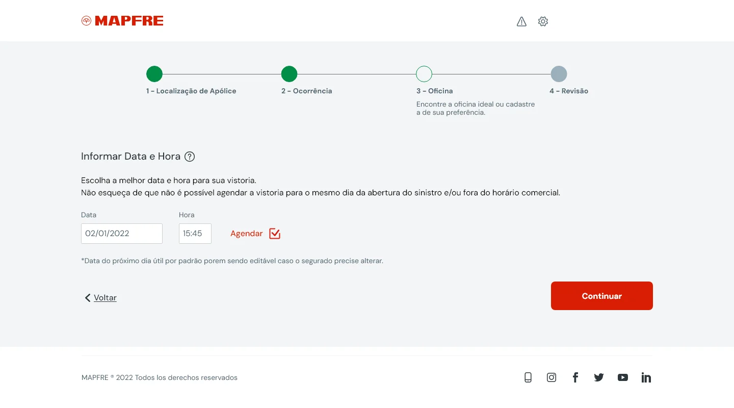 Interface original de agendamento de vistoria, com progresso e ação de continuar