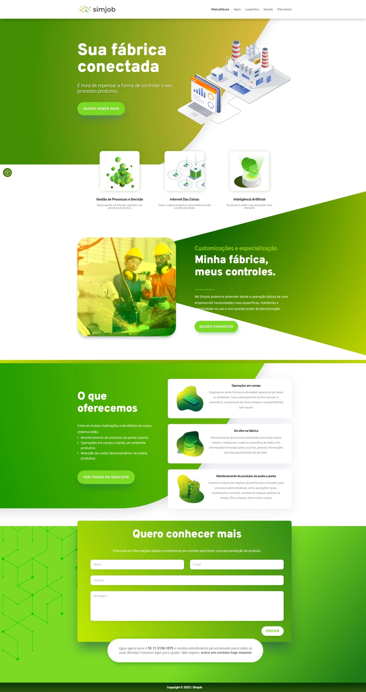 Uma página para a manufatura — A linguagem visual se adapta ao segmento, mantendo o padrão de blocos, recursos de apoio e contato.