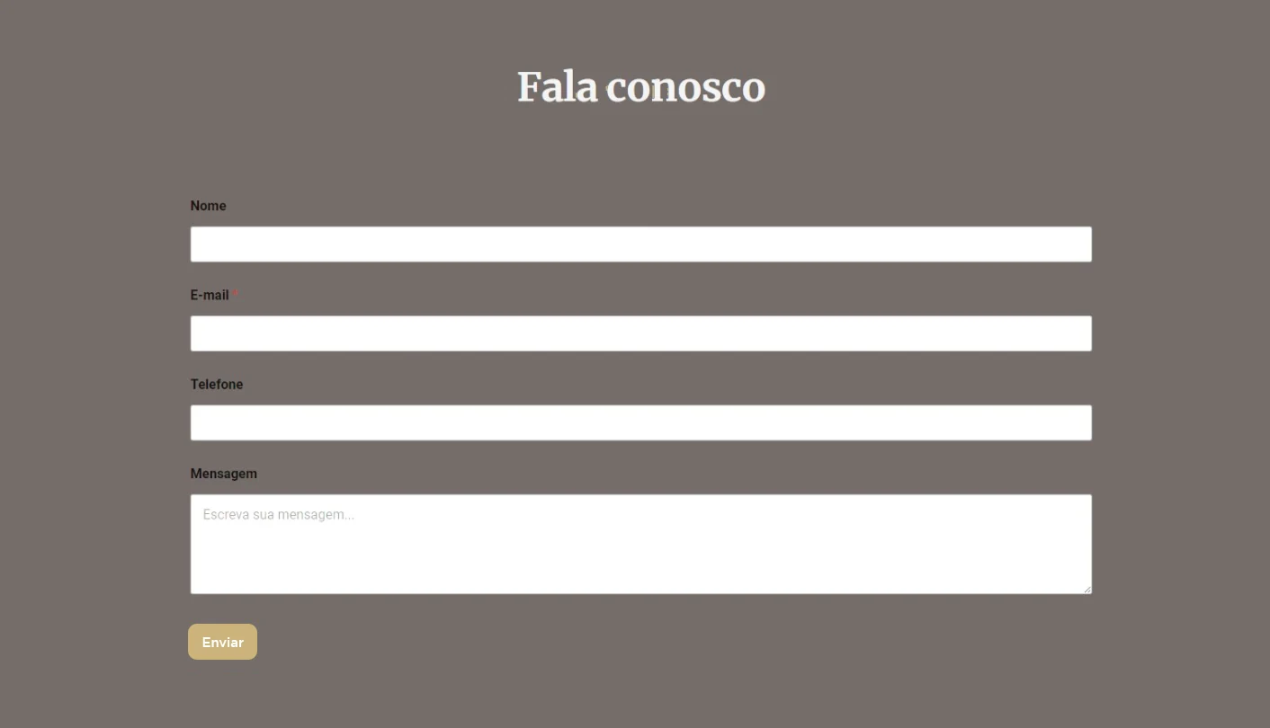 O contato como continuidade — O formulário mantém os tons da página e uma hierarquia direta entre rótulos, campos e ação de envio.