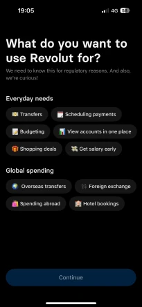 Referência histórica do onboarding Revolut: escolha do objetivo de uso
