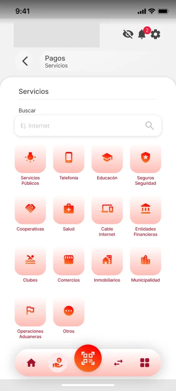 Protótipo mobile: categorias de serviços do Solar Banco