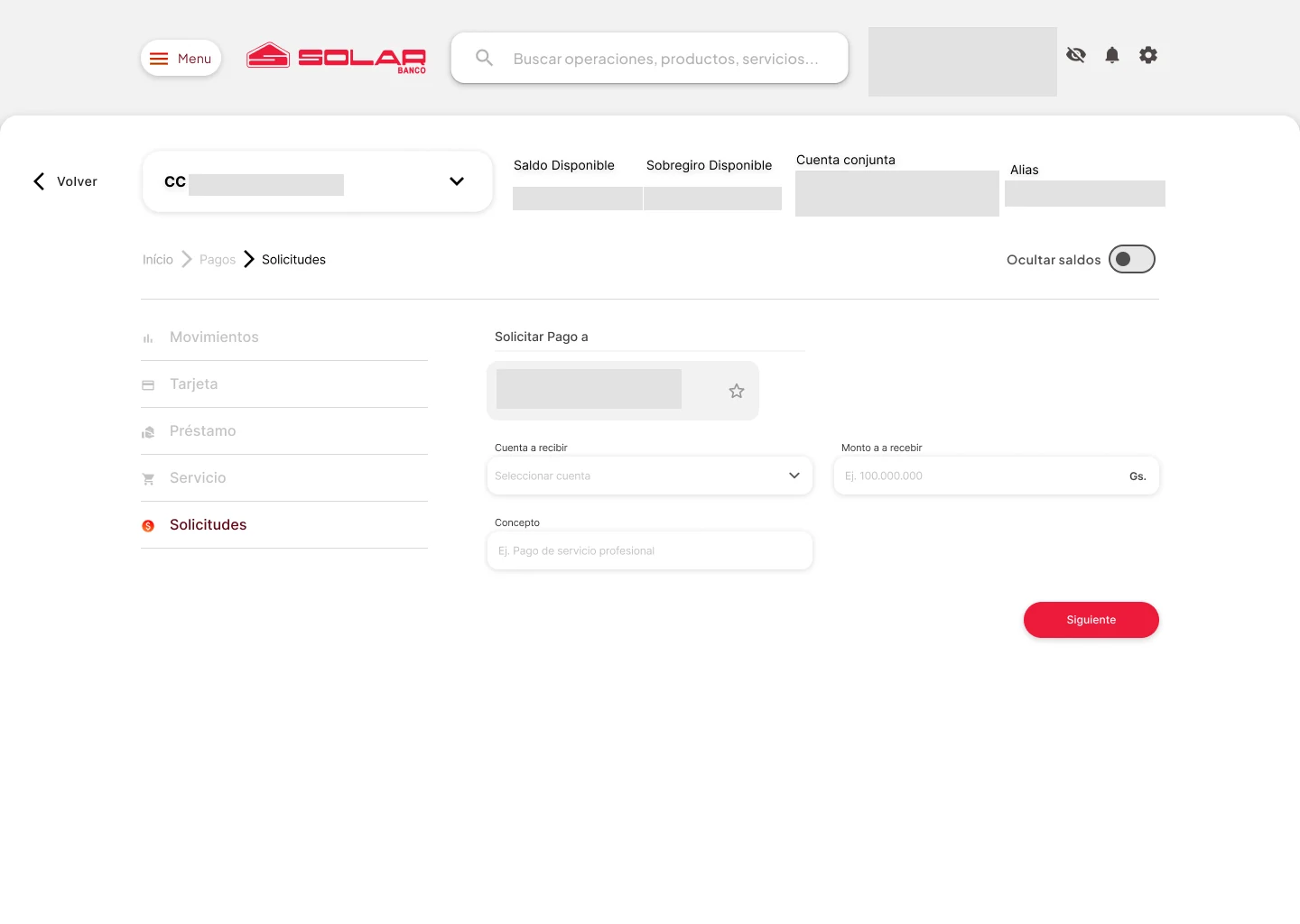 Protótipo web: solicitação de pagamento, com dados ocultados